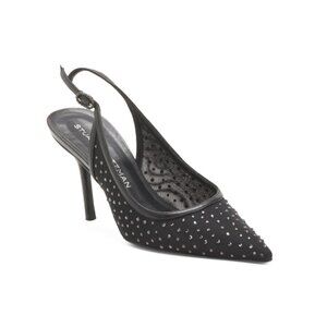 STUART WEITZMAN Black Made In Spain Leather Emilia Mesh 85 Slingback Heels